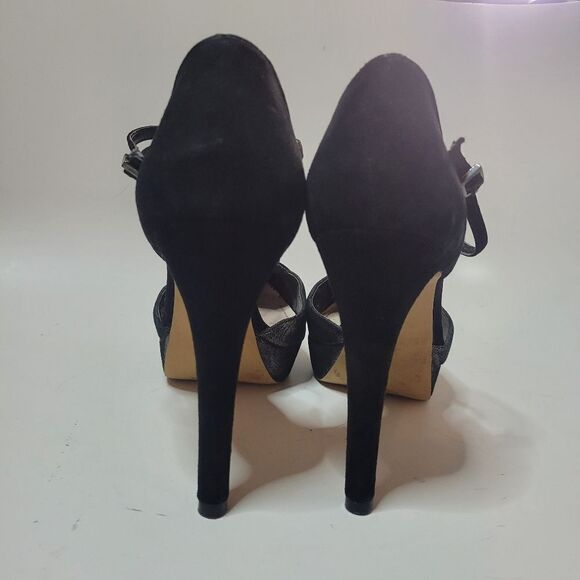 Vince Camuto Akido Leather Platform T-Strap Heels Gunmetal and Black Suede - Picture 3 of 16